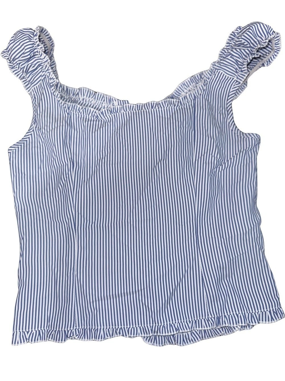 Blue & White Striped Ruffle Strap Top